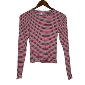 Hollister Women's Long‎ Sleeve Ribbed Pink Striped Top Size Small